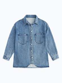 SHEINBlues High Low Denim Shirt - Medium Wash - View 8