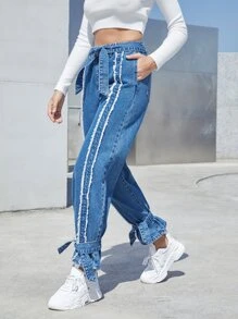 SHEINBlues High Waist Raw Trim Ruffle Hem Belted Jeans - Medium Wash - View 3