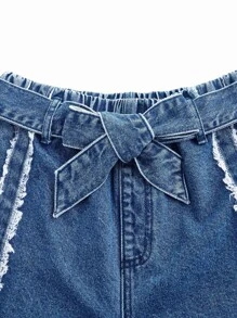 SHEINBlues High Waist Raw Trim Ruffle Hem Belted Jeans - Medium Wash - View 8