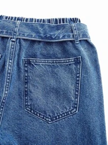 SHEINBlues High Waist Raw Trim Ruffle Hem Belted Jeans - Medium Wash - View 11