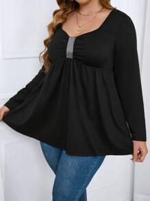 SHEIN Clasi Plus Contrast Glitter Ruched Sweetheart Neck Tee - Black - View 3