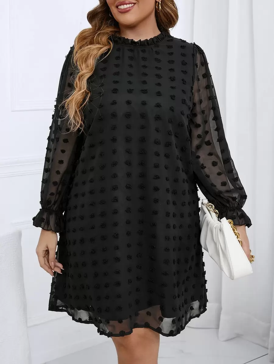 SHEIN Clasi Vestido túnico de lunares de manga con volante fruncido cuello - Negro - Ver 1