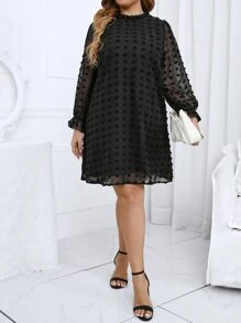 SHEIN Clasi Vestido túnico de lunares de manga con volante fruncido cuello - Negro - Ver 3