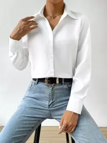 SHEIN EZwear Casual Versatile Solid Color Long Sleeve Shirt - White - View 6