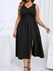 SHEIN Clasi Vestido con encaje de muslo con abertura fruncido - Negro - Ver 4
