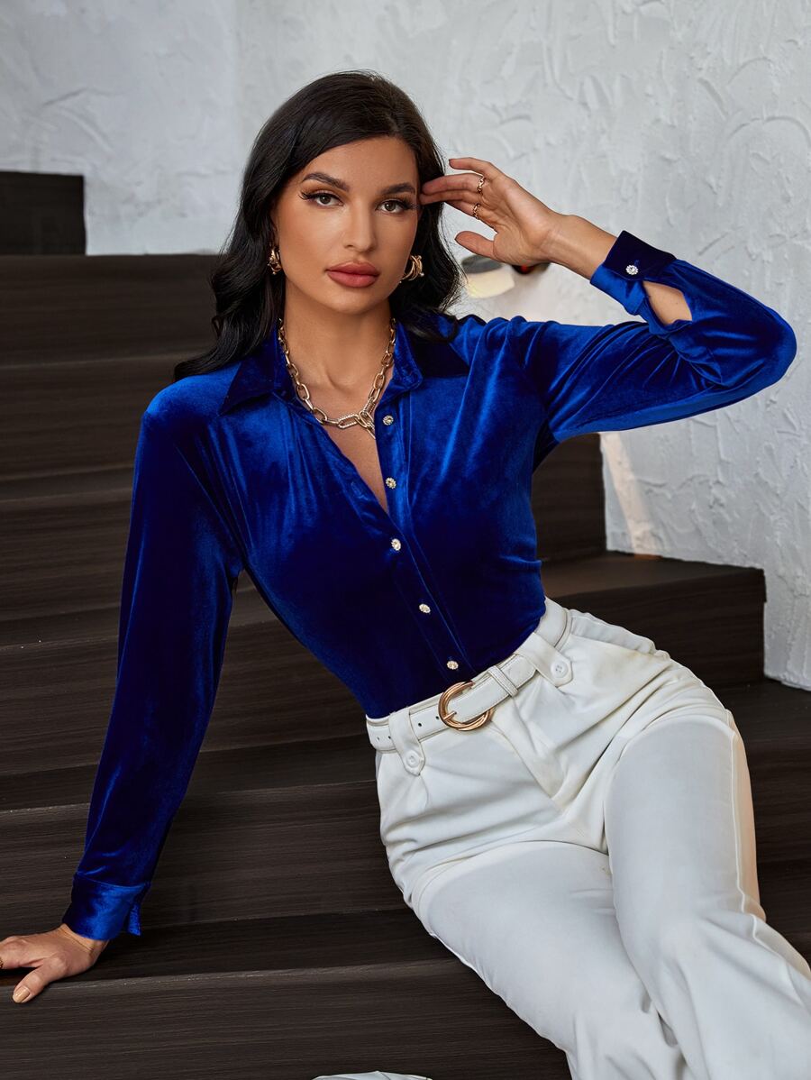 SHEIN Privé Áo sơ mi nữ Nút phía trước màu trơn Buổi tiệc - Màu xanh hải quân - Xem 1