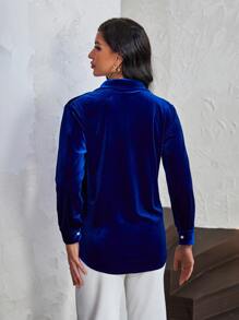SHEIN Privé Áo sơ mi nữ Nút phía trước màu trơn Buổi tiệc - Màu xanh hải quân - Xem 2