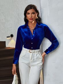 SHEIN Privé Áo sơ mi nữ Nút phía trước màu trơn Buổi tiệc - Màu xanh hải quân - Xem 3