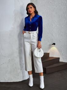 SHEIN Privé Áo sơ mi nữ Nút phía trước màu trơn Buổi tiệc - Màu xanh hải quân - Xem 5