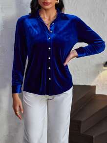 SHEIN Privé Áo sơ mi nữ Nút phía trước màu trơn Buổi tiệc - Màu xanh hải quân - Xem 6