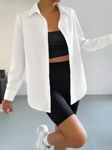 SHEIN EZwear Casual Versatile Solid Color Long Sleeve Shirt - White - View 7