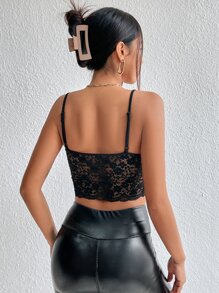SHEIN Frenchy Contrast Lace Crop Cami Top - Black - View 2