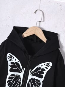 女孩蝴蝶圖案拉鏈連帽衫和運動褲 - 黑色 - 查看 8