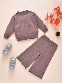 Baby Mock Neck Jumper & Knit Trousers - Mocha Brown - View 1