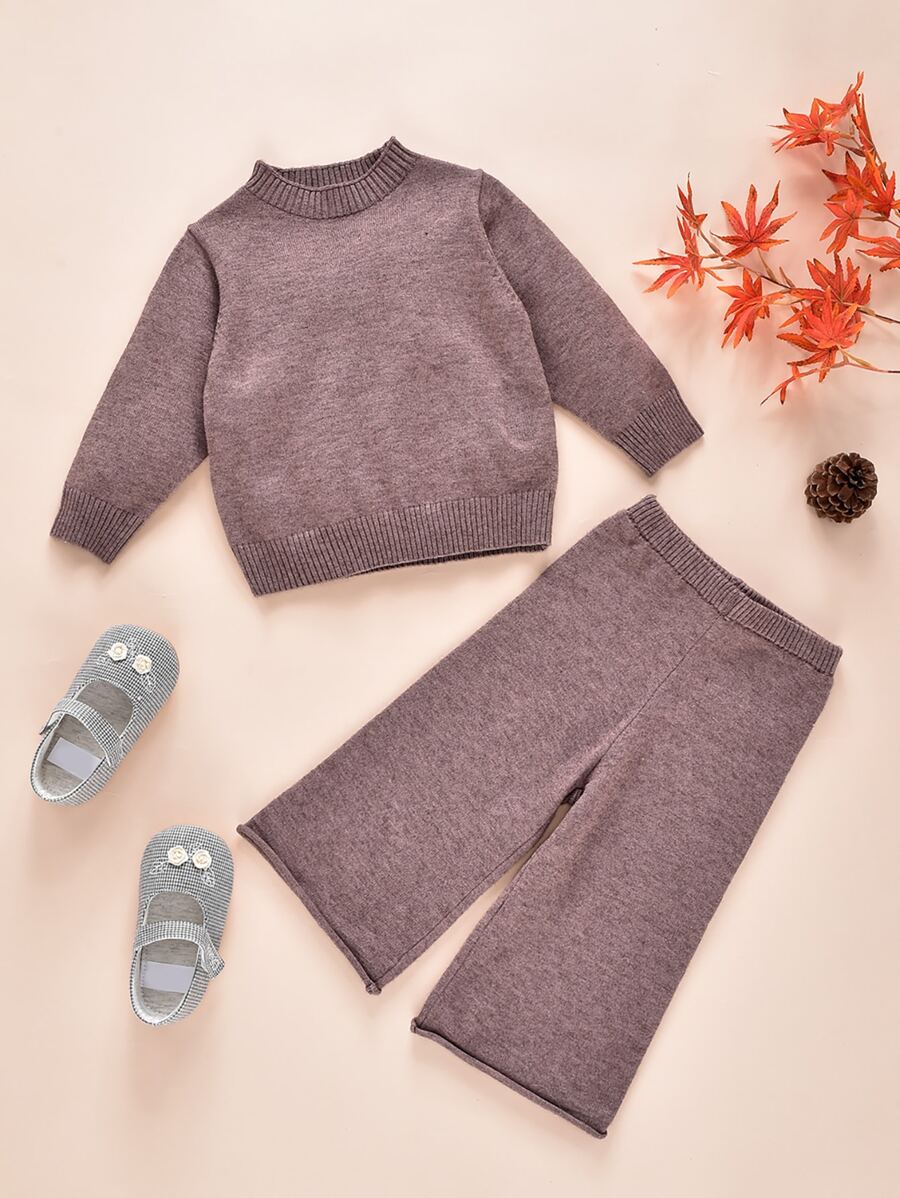 Baby Mock Neck Jumper & Knit Trousers - Mocha Brown - View 1