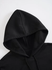 Men Kangaroo Pocket Thermal Lined Drawstring Hoodie & Joggers - Black - View 7