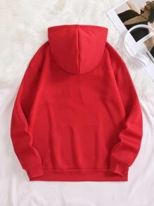 SHEIN EZwear Koala Print Kangaroo Pocket Drawstring Thermal Hoodie - Red - View 2
