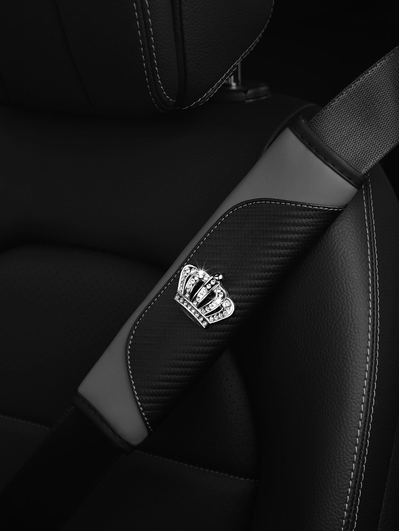 MEIKAXIU 1 miếng đệm vai trang trí dây an toàn ô tô bằng da PU đính đá lấp lánh Crown Bling Bling - Xám - Xem 1