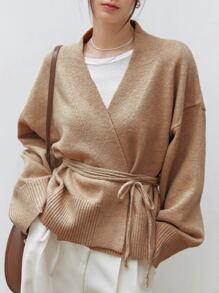 DAZY Drop Shoulder Belted Cardigan - Camel - View 1