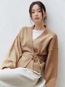 DAZY Drop Shoulder Belted Cardigan - Camel - View 2