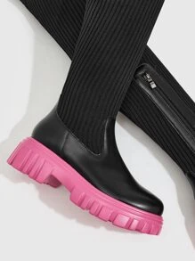 Knit Detail Platform Sock Boots - Black - View 3