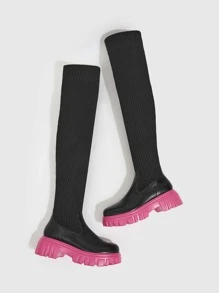 Knit Detail Platform Sock Boots - Black - View 4
