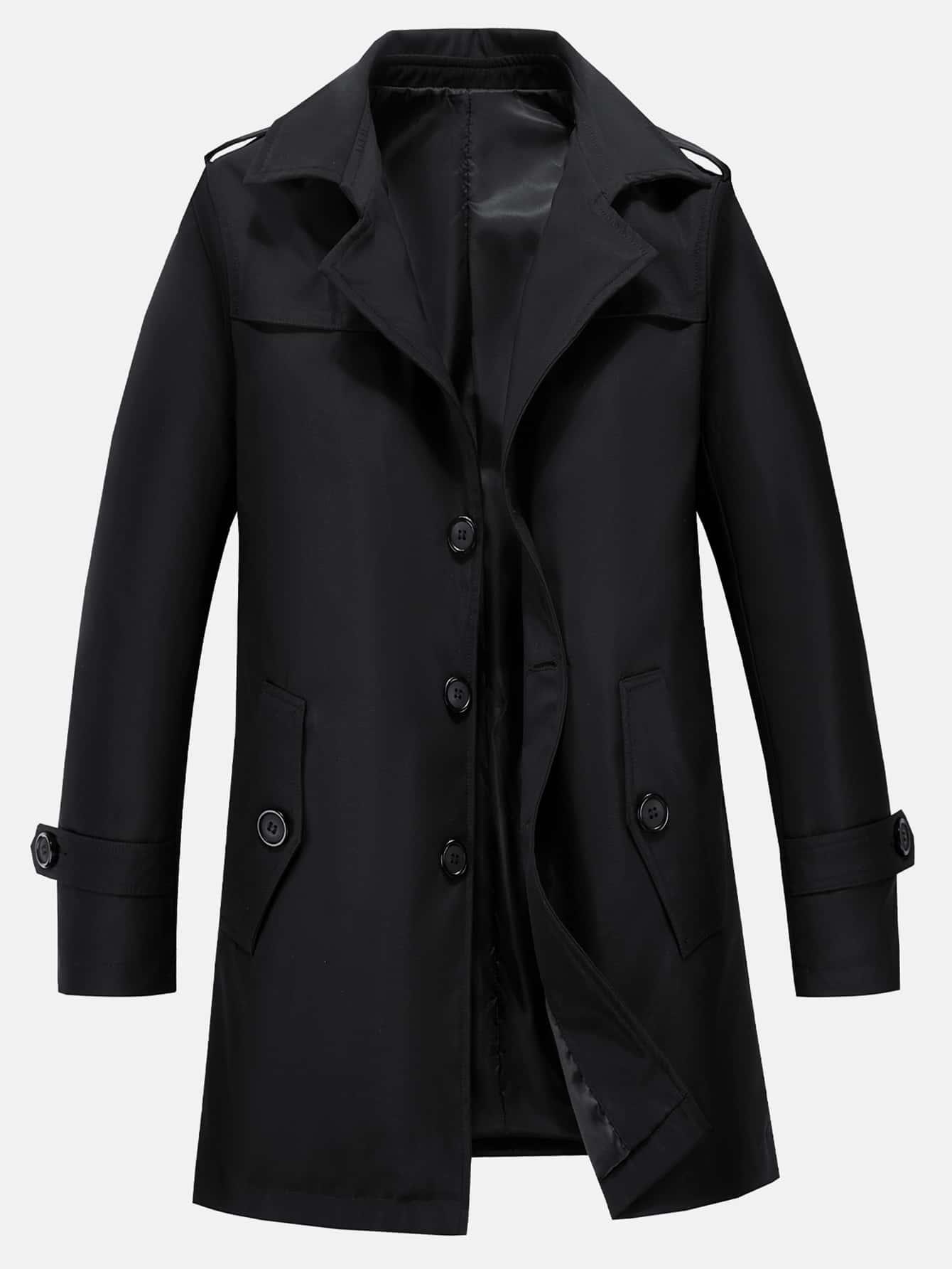 Manfinity Homme Men Long Sleeve Slant Pockets Button Up Plain Going Out Casual Trench Coat, Men Long Sleeve Trench Coat, Fall - Black - View 1