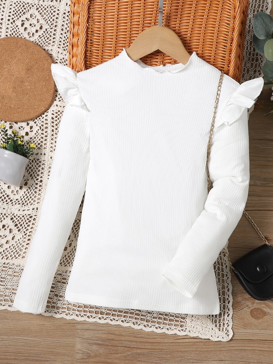 Sparklyn Tween Girl Lettuce Trim Ribbed Knit Tee - White - View 1