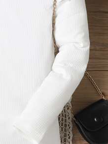 Sparklyn Tween Girl Lettuce Trim Ribbed Knit Tee - White - View 3