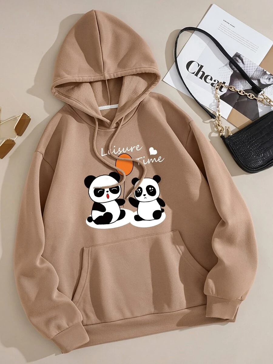 INAWLY Áo hoodie giữ nhiệt có dây rút hình gấu trúc và chữ Kangaroo thời gian giải trí, áo dài tay - Lạc đà - Xem 1