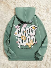 Manfinity RebelGame Men Plus Floral & Slogan Graphic Drawstring Hoodie - Cadet Blue - View 5