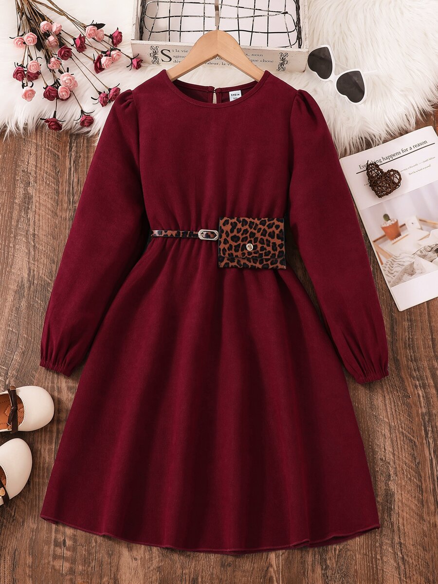 Tween Girl Lantern Sleeve Keyhole Back Belted Dress - Burgundy - View 1