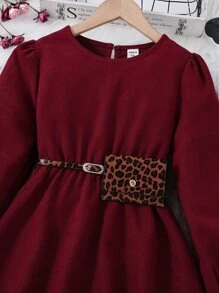 Tween Girl Lantern Sleeve Keyhole Back Belted Dress - Burgundy - View 3