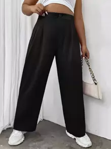 SHEIN LUNE Pantalones de pierna ancha de talle alto con fruncido - Negro - Ver 3