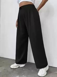 SHEIN LUNE Pantalones de pierna ancha de talle alto con fruncido - Negro - Ver 4