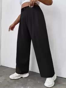 SHEIN LUNE Pantalones de pierna ancha de talle alto con fruncido - Negro - Ver 6