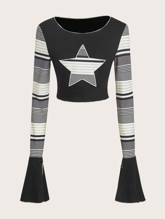 Striped & Star Print Flounce Sleeve Tee