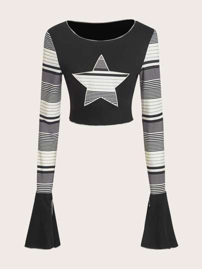 Striped & Star Print Flounce Sleeve Tee