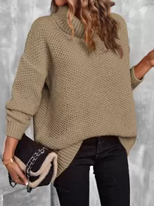 SHEIN LUNE Jersey cuello alto de hombros caídos de punto de malla - Caqui - Ver 1