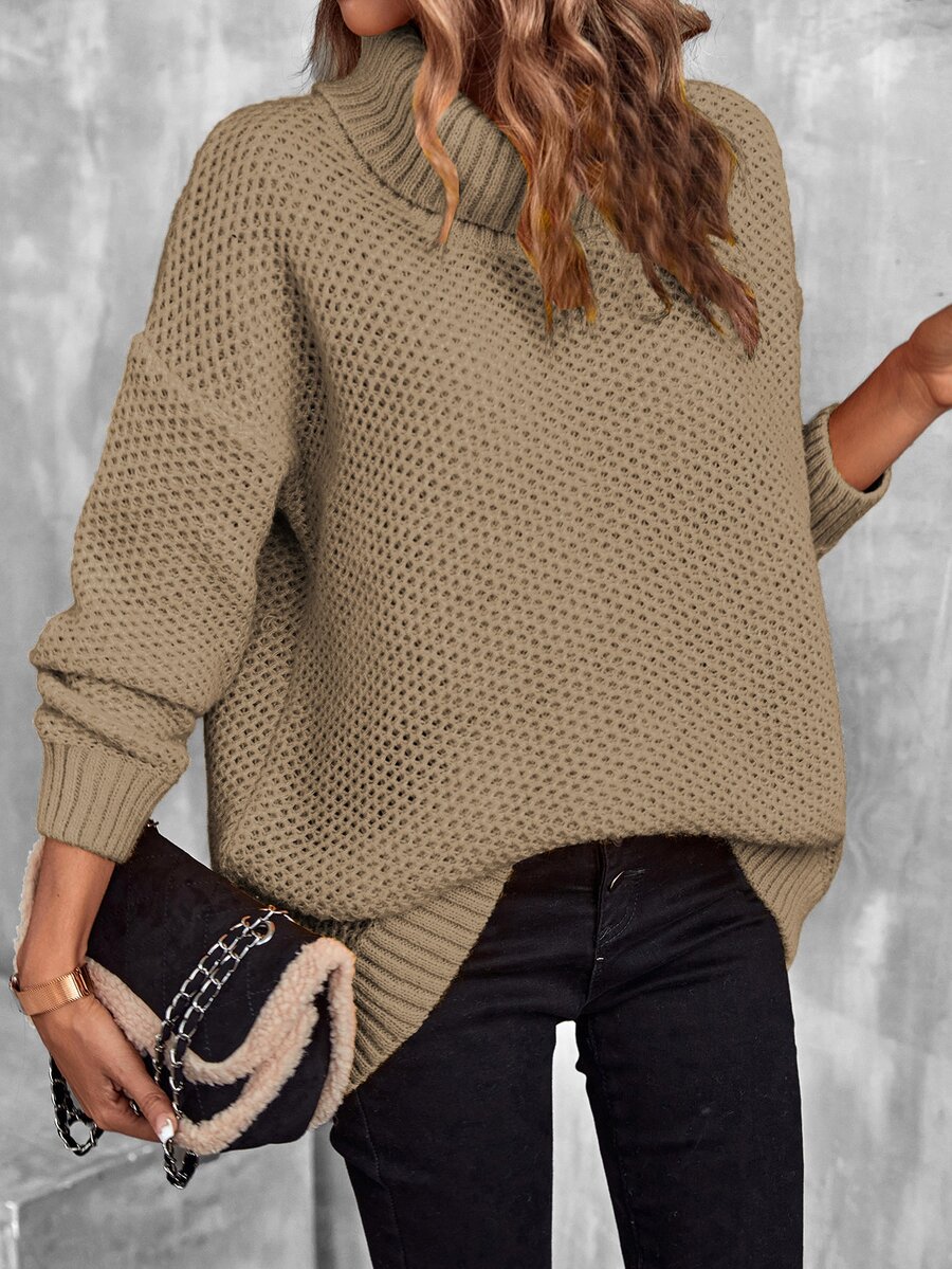 SHEIN LUNE Jersey cuello alto de hombros caídos de punto de malla - Caqui - Ver 1