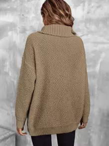 SHEIN LUNE Jersey cuello alto de hombros caídos de punto de malla - Caqui - Ver 2