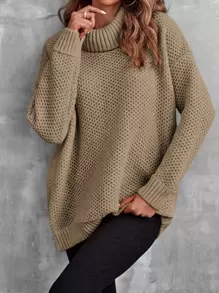 SHEIN LUNE Jersey cuello alto de hombros caídos de punto de malla - Caqui - Ver 5