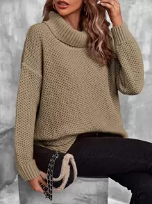 SHEIN LUNE Jersey cuello alto de hombros caídos de punto de malla - Caqui - Ver 6