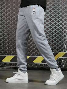 Manfinity Men Cartoon And Letter Graphic Joggers - Light Grey - View 3