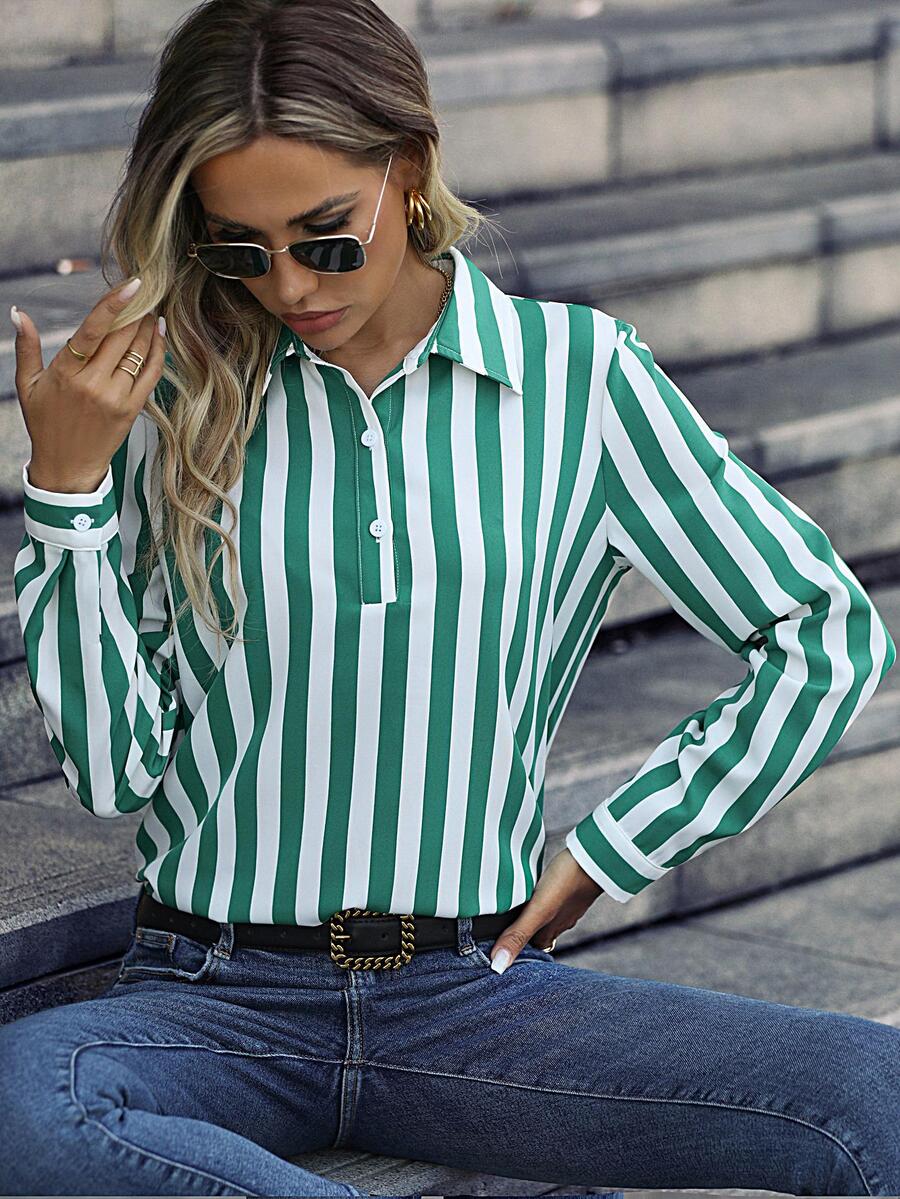 Striped Print Half Button Shirt - Green - View 1