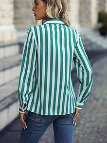 Striped Print Half Button Shirt - Green - View 2