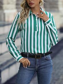 Striped Print Half Button Shirt - Green - View 6
