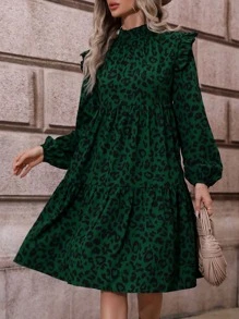 SHEIN LUNE Leopard Print Ruffle Trim Smock Dress - Dark Green - View 1