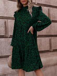 SHEIN LUNE Leopard Print Ruffle Trim Smock Dress - Dark Green - View 4
