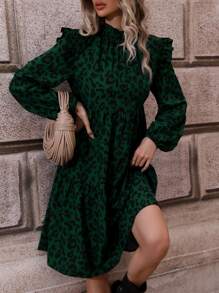 SHEIN LUNE Leopard Print Ruffle Trim Smock Dress - Dark Green - View 5